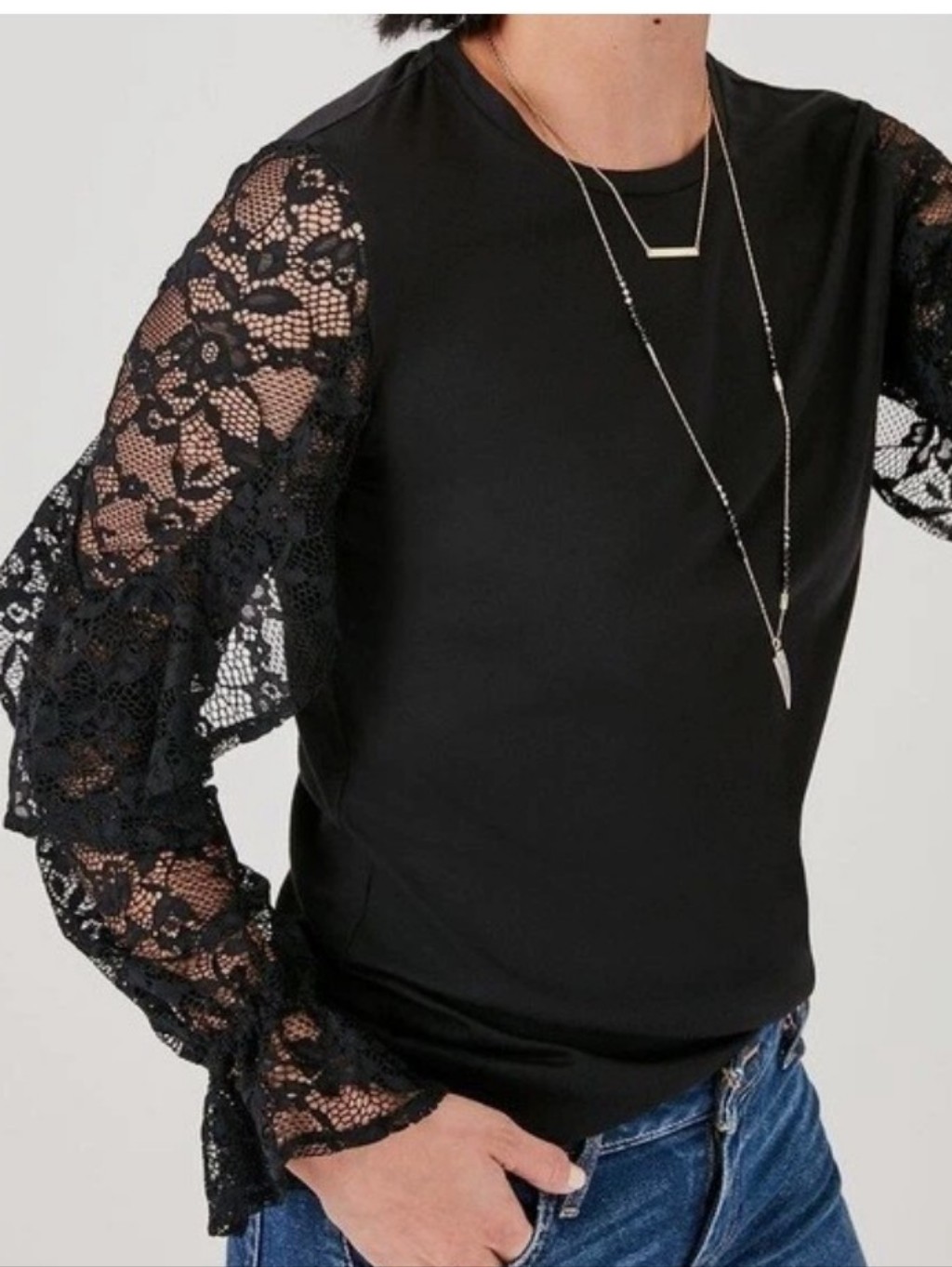 Stella & Dot Black Lace Layered Sleeve Long-Sleeve Tee